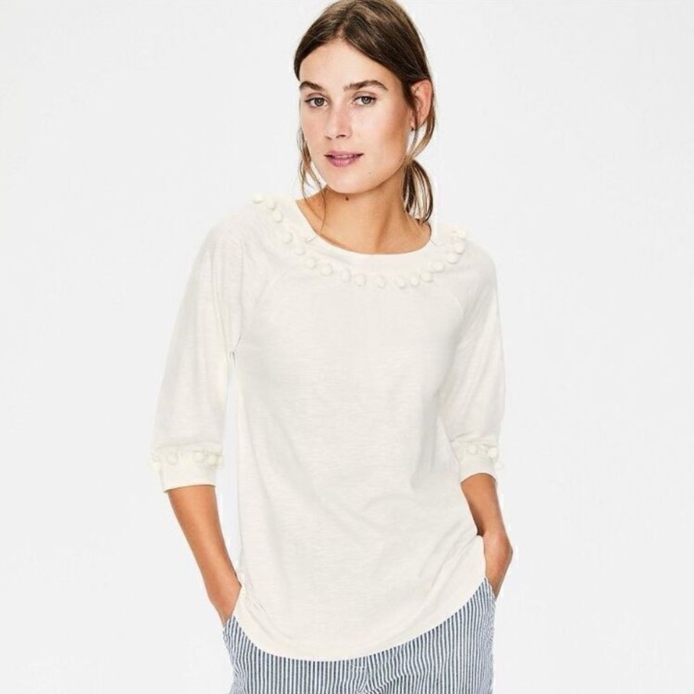Boden Rosemary Pom Pom Jersey Cotton Top-Ivory-Women Size 4